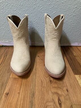 Frye Cream Embossed Leather Western Ankle Boots